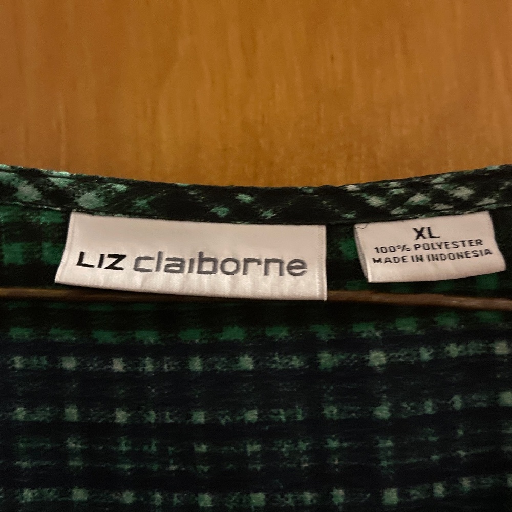 Liz Claiborne Green Black Sheer Blouse Top Tunic Front Pocket - Picture 3 of 3